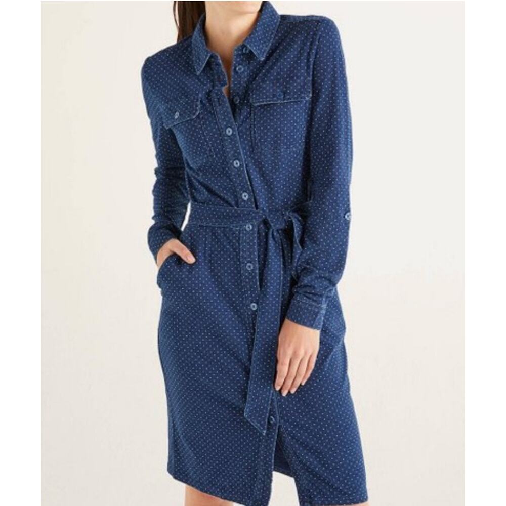 NWT Boden Rowena Jersey Tie Shirt Dress Size 2 Chambray Polka Dot